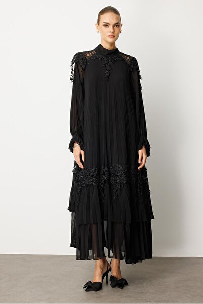 Nefeli Şerit Dantelli Maxi Boy Soley Elbise SİYAH