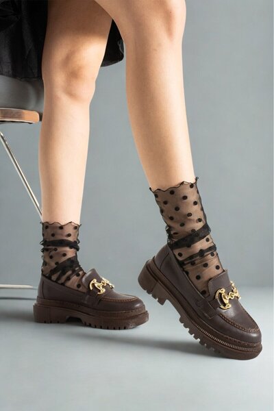 Hepici Mocasini cu cataramă interschimbabilă, pantofi maro casual pentru femei