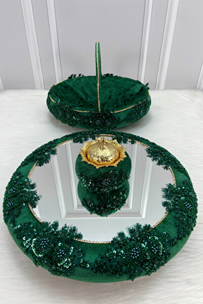 ZEYMERADE طقم عروس من المخمل الأخضر المرصع بالكريستال مع صينية وسلة، مناسب للخطوبة والزفاف والوعد والختان