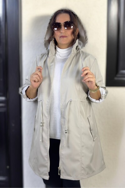 yagmurberen Detachable Hooded Foldable Sleeve Detail Bonded Fabric Extra Large Size Trench Coat