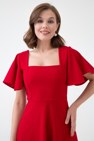 vuvutasarım Women's Stretchy Crepe Fabric Square Collar Sleeves Flounced Design Red Midi Length Evening Dress 082