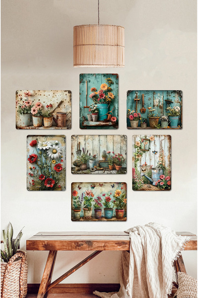 kutuTR Rustik Bahçe Çiçekleri Temalı MDF 7'li Dekoratif Tablo Seti – 3 Farklı...