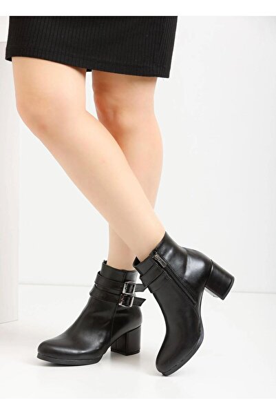 beelleshoe Kadın HEMERA SİYAH CİLT Çift Tokalı Kısa KIŞLIK Bot