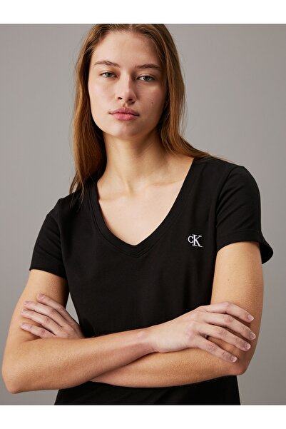 Calvin Klein Women Black Embroidery Stretch V-Neck T-Shirt
