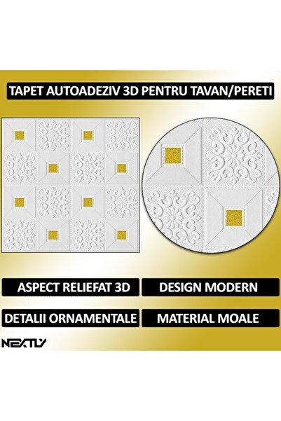 NEXTLY Tapet autoadeziv 3D premium, rezistent la apă și căldură, 70x70cm, modern alb-auriu