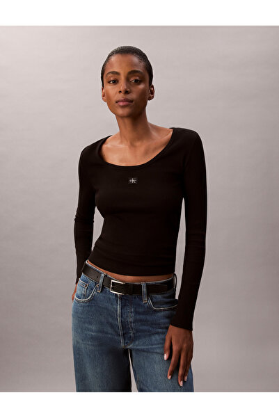 Calvin Klein Women Black Ribbed Cotton Long Sleeve Scoop Neck Top