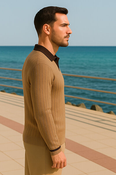 Maccali Ανδρικό μπλουζάκι με ριγέ μακρυμάνικο μπλουζάκι με λαιμόκοψη πόλο