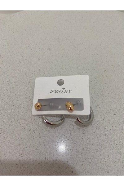 Jh Jewelery Altın renk detaylı gümüş renk minimal oval küpe