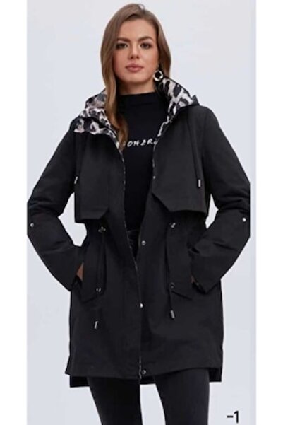 OEM Black women's parka jacket with animal-print collar – spring/autumn look – L