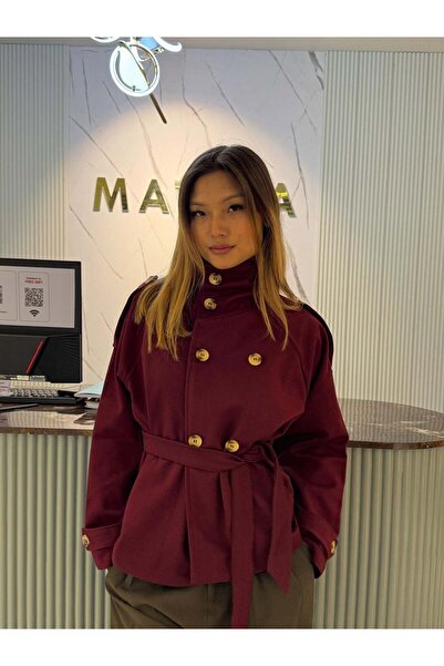 MODAMERSİ Women's Burgundy Mock Neck Belt Detailed Lined Short Trench Coat