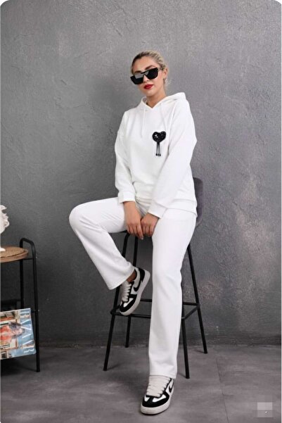 aytenli Hooded ;Stone Embroidered Heart Figured Single Jersey Sports Casual Suit