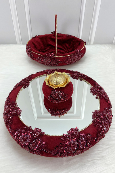 ZEYMERADE Bordo Vip Aplikli Aynalı Kadife Kına Gecesi Tepsi Sepet Gelin Takımı, Nişan Nikah Düğün Söz Sünnet