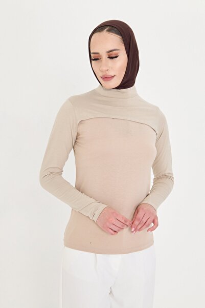 HÜRREM BONE Beige Hijab Turtleneck Collar Sleeves Viscose Plain 1025_12