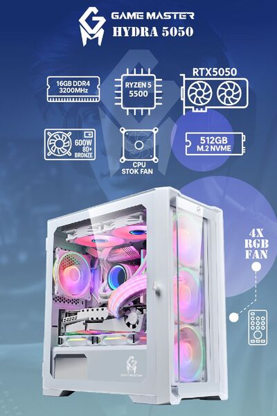 GM Game Master Hydra 5050 Ryzen 5 5500 CPU 16GB RAM 512GB NVMe SSD RTX5050 4x RGB Fanlı Kumandalı Gaming PC