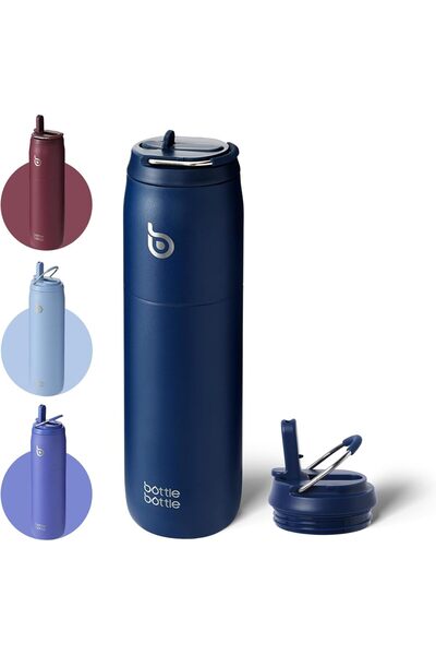 Generic زجاجة زجاجة ماء من الفولاذ المقاوم للصدأ مع غطاء ومقبض من القش سعة 32 أونصة معزولة بالفراغ