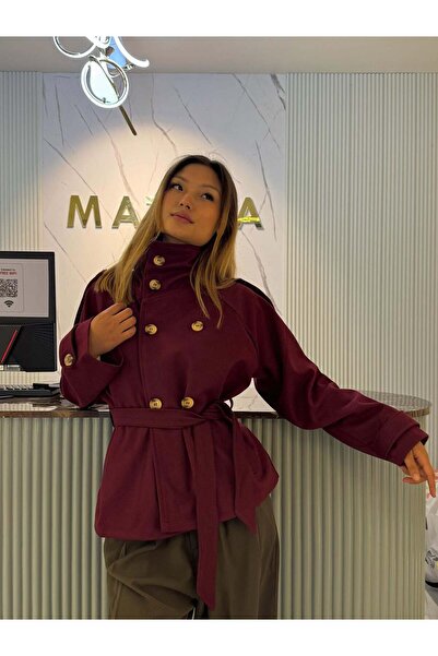MODAMERSİ Women's Burgundy Mock Neck Belt Detailed Lined Short Trench Coat