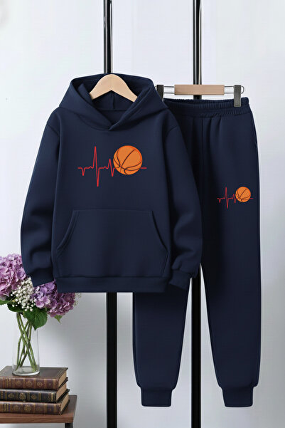 FYK KİDS 3 İplik Ş επένδυση fleece Winter Pulse Basketball B με τύπωμα Kangaroo Pocket K με κουκούλα Σετ αθλητικής φόρμας για αγόρια