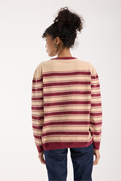 Moda Days Women's Cream-Burgundy Striped Cross Contrast Stitching Detailed Chenille Velvet Knitwear Sweater