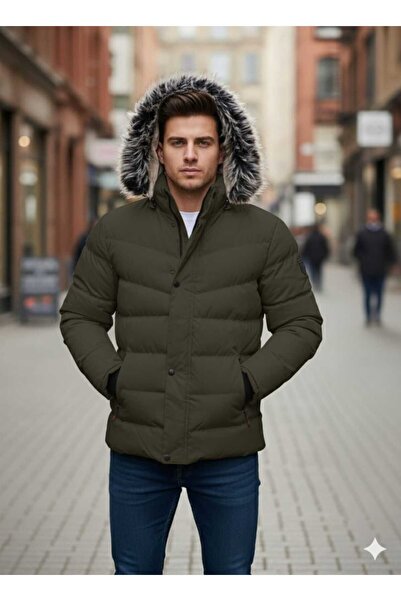 güncüoğlu Removable Ka Hooded Men's Sports Coat with Fur Lined and Very Thick Filling Fiber