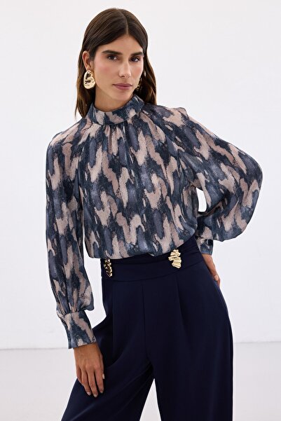 Sateen Desenli Salaş Bluz - Lacivert