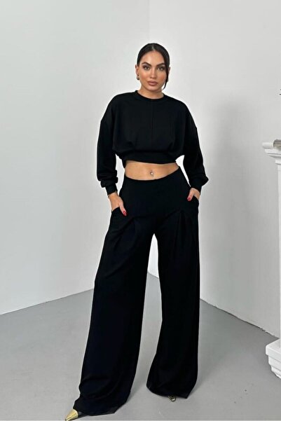 spirituel Women's Two-Piece Top and Bottom Set Modal Off-Shoulder Crew Neck Crop Pleated Wide-Leg Pants Set with Pockets