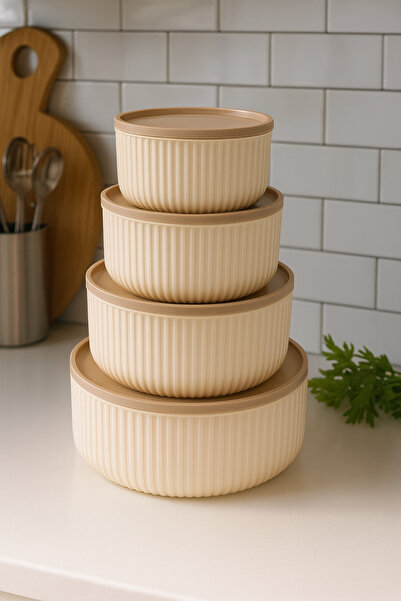 4-Piece Round Storage Box Set Striped Beige | 2.5l 1.5l 0.80l 0.45l | Microwave and Freezer Compatible