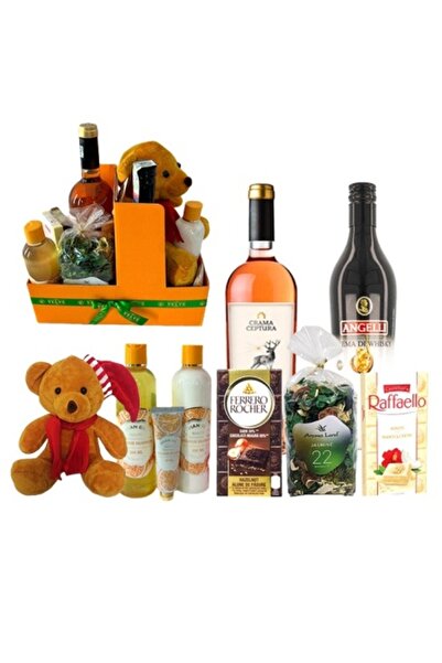 velve Boo Basket Orange – Gift set with 20 cm plush bear, Ceptura rosé 750 ml and treats