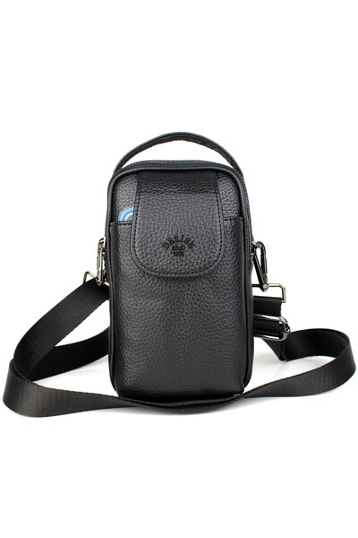 deri,se club Erkek Siyah Kapaklı Çok Bölmeli El ve Omuz Çantası