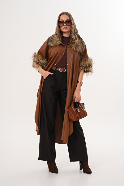 NAVY Leather Long Poncho