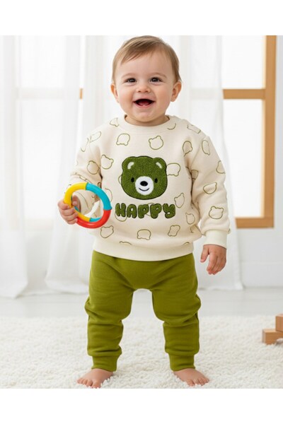voyyo kids baby طقم شتوي للأطفال الأولاد مكون من مبطن بالصوف قطع مطرزة بدب تي...