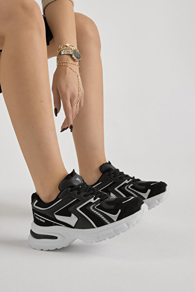 Tonny Black Women's Black and White Thick Lightweight Faylon Sole Mesh Detailed Lace-Up Sports Shoes