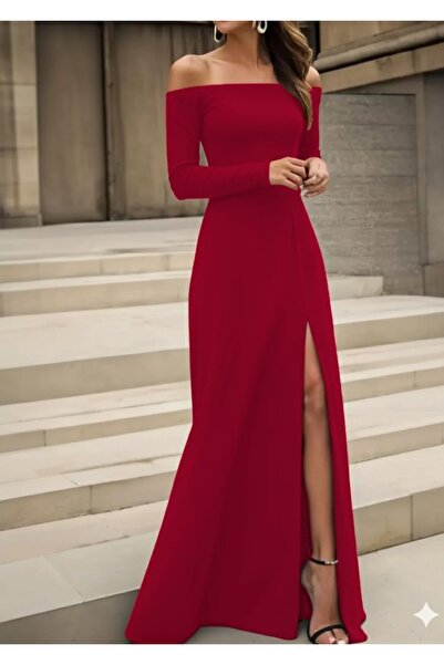 Kokosh moda Women's Long Sleeve Madonna Collar Slit Detailed Long Crepe Dress