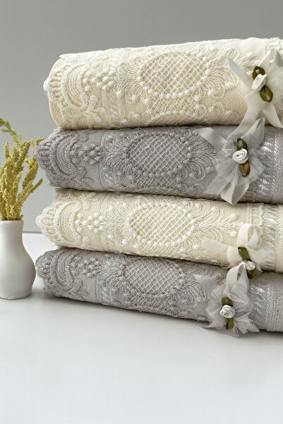 AYHANHOME 50x90 Set of 4 100% Cotton Velvet Lace Laced Bow Dowry Hand and Face Towels