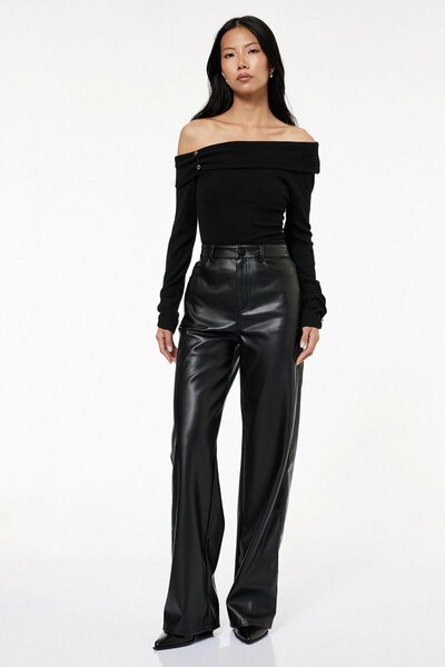 Koton Kadın X Sibil Çetinkaya - Cepli Düz Paça Suni Deri Pantolon 6WAK40175PW