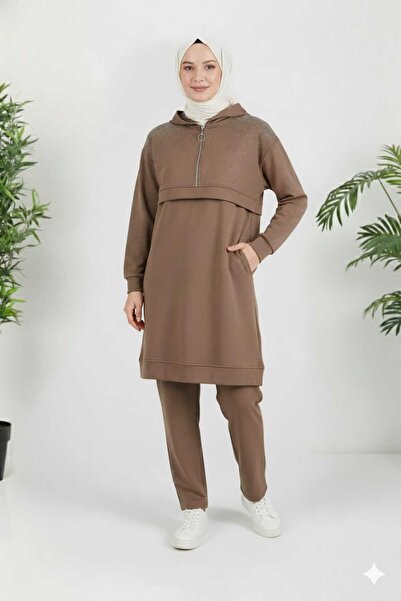 KMKkombin Women's New Season Stone-Collared Pants with Half Zipper K Hooded T...