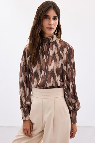 Sateen Patterned Casual Blouse - Brown