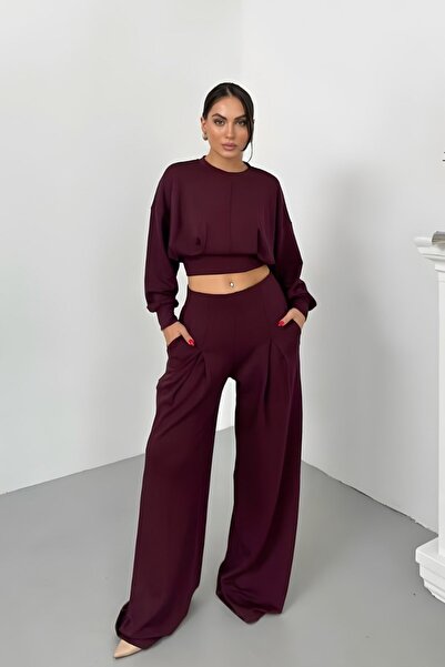 spirituel Women's Two-Piece Bottom Top Set Modal Fabric Off-Shoulder Crew Neck Crop Top Pleated High Waist Wide Leg Pants