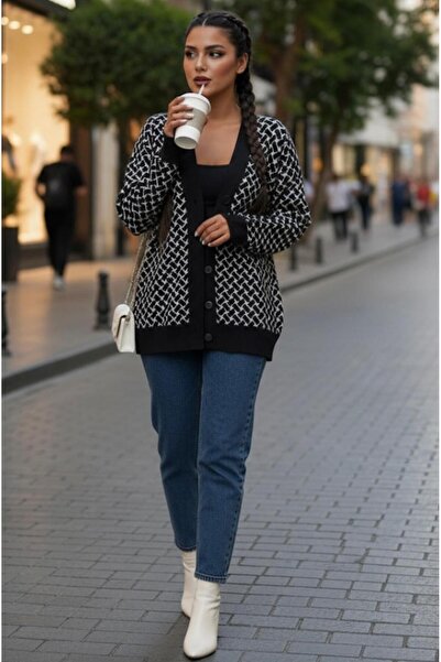 Cockatoo Patterned Buttoned Model Woven Detailed Long Sleeve Knitwear Cardigan