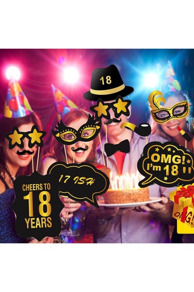 Flippy Party Photo Props Set - 18th Birthday, Multicolor (Glasses, Hats, Mustache, Tie)