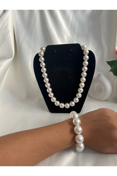 Hüma Butik Takı & Aksesuar Klasik Büyük İncili Kolye ve Bileklik Seti