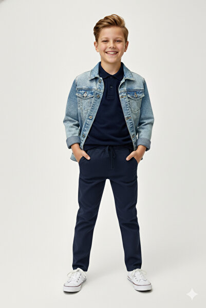 rois Cotton Navy Blue Pants with Elastic Waist