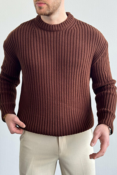Tarz Cool Мъжки кафяв пуловер с релефна плетка