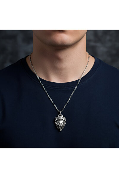 Alooya Güç Tılsımı Aslan Kral Gümüş Kaplama Düz Zincir Kolye