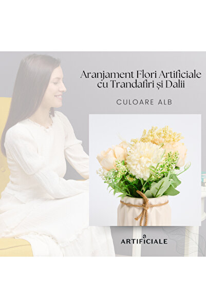 Artificiale Rolio Artificial Flower Arrangement with Hydrangea, Roses and Wildflowers – White, with Decorative Vase