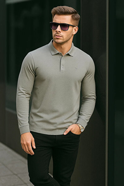 Maccali Men's Basic Casual Long Sleeve Gray Polo Neck T-Shirt