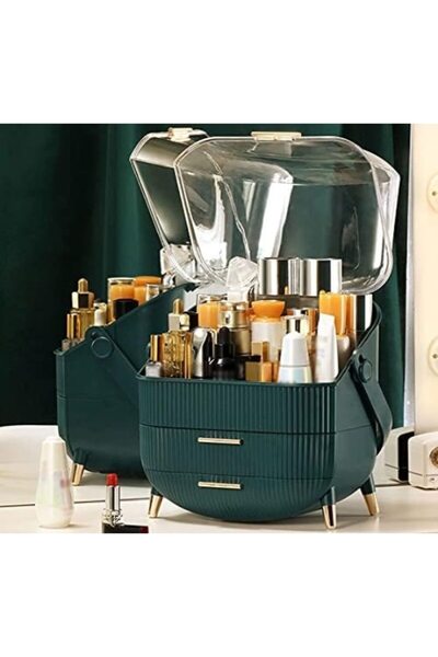 MACVI ® makeup organizer, 2 drawers, clear lid, comfy handle, dustproof, PP+acrylic, 37×28×18.5 cm