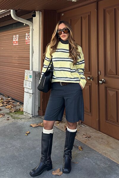 Laluvia Yellow Colored Striped Oversize Knit Sweater - 2516