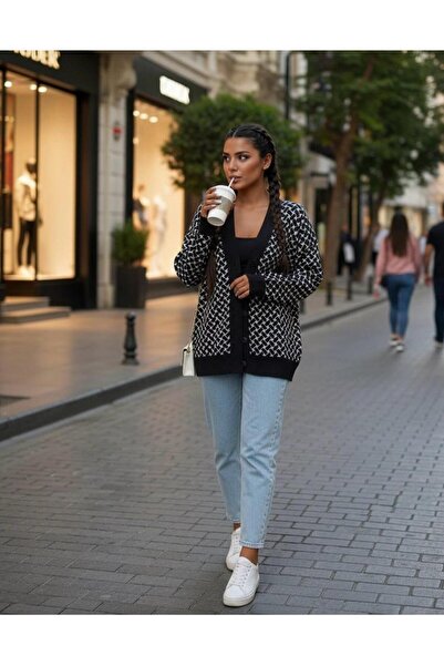 Cockatoo Patterned Buttoned Model Woven Detailed Long Sleeve Knitwear Cardigan