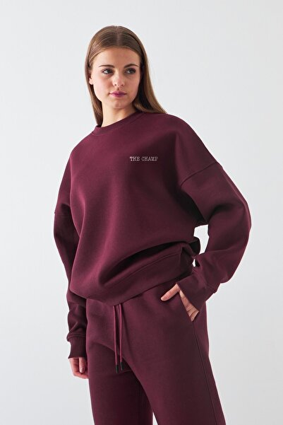 The Champ Clothing Γυναικείο φούτερ oversized Paris Coffee Journal με τύπωμα Claret Red – Crew Neck, 3 Thread Ş επένδυση fleece Fleece