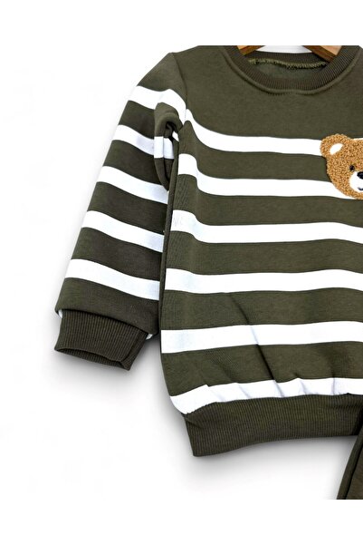 VOY KİDS Baby Boy Striped 1-2-3 Years Old, Teddy Bear Embroidered Winter 3 Thread Fleece-Lined Bottom Top Tracksuit Set